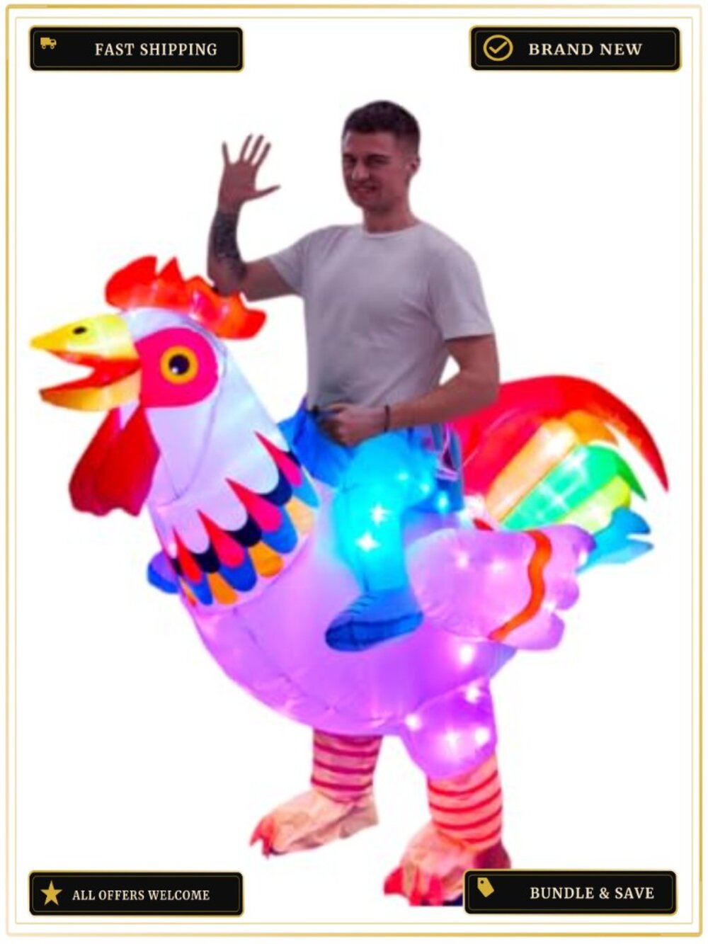 Adult Inflatable Ride-On Rooster Costume Smart LED Lights Adjustable